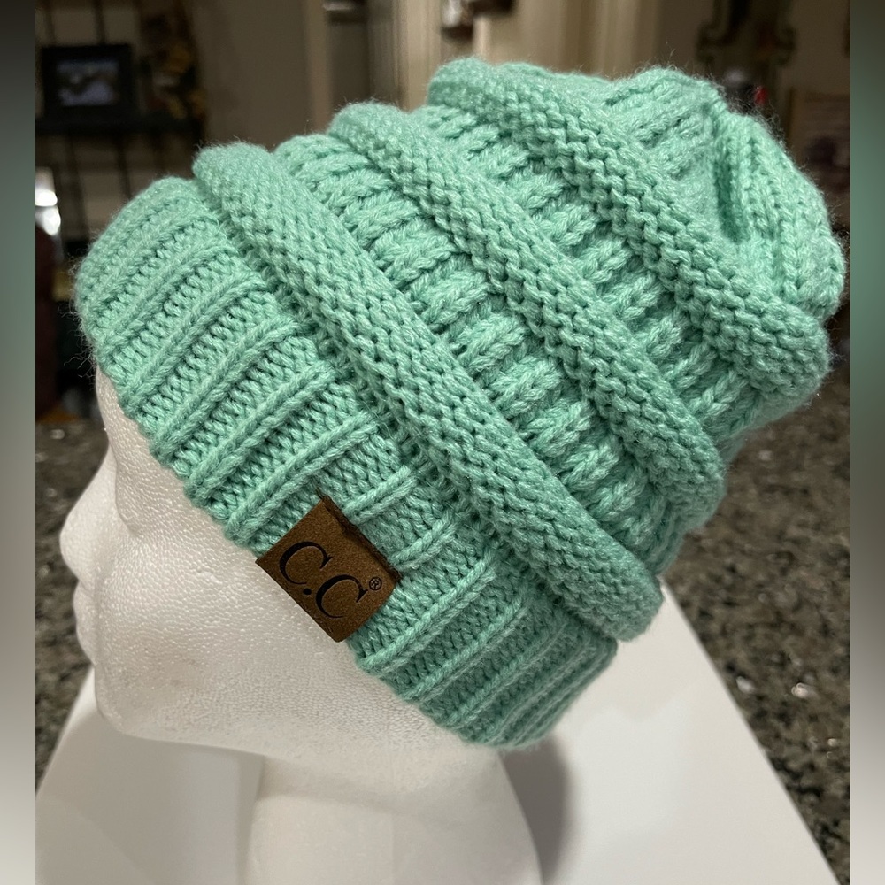 Ladies Ponytail/Messy Bun Beanie Hat - Aqua